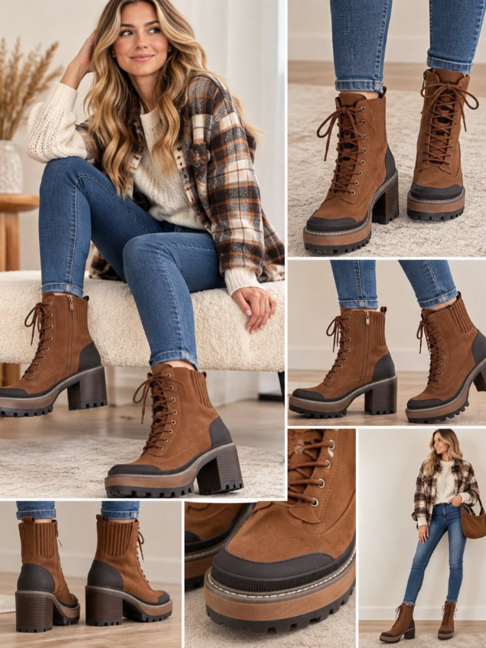 Madden NYC Brown Lace Up Combat Boots Lug Sole Block Heel Side Zip Size 8